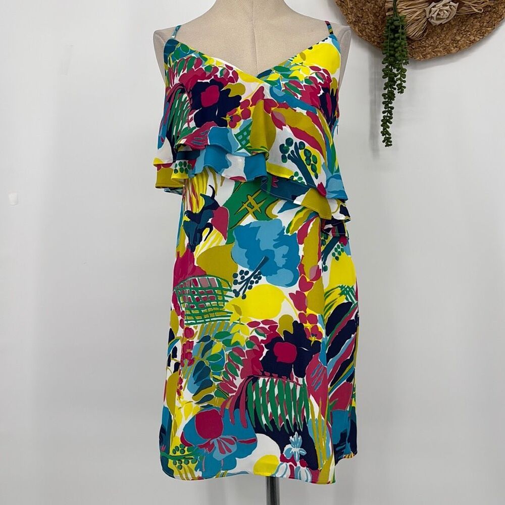 J. Crew Tropical Print Asymmetrical Bright Mini Dress Ruffles Multi 2